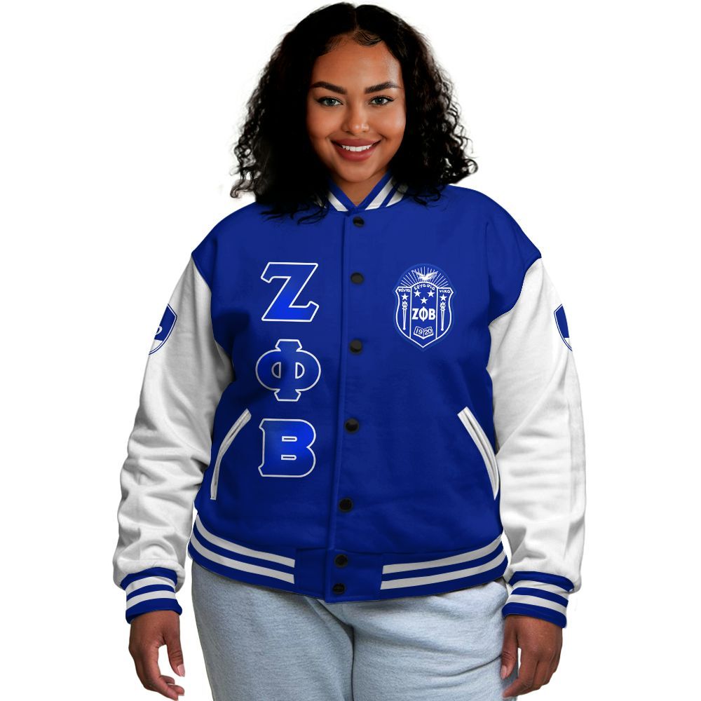 Ireishprint Zeta Phi Beta Varsity Jacket, Z Phi B Ribbon Gradient Blue Symbol 1920 Zeta Phi Beta Sorority Jacket