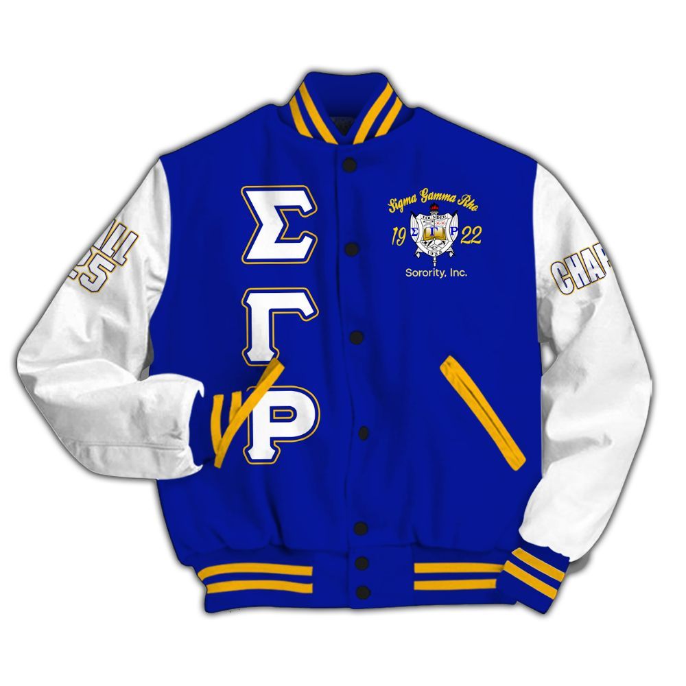 Ireishprint Sigma Gamma Rho Custom Chapter Varsity Jacket, Blue Duo Gold Retro Style 1922 Sorority Jacket