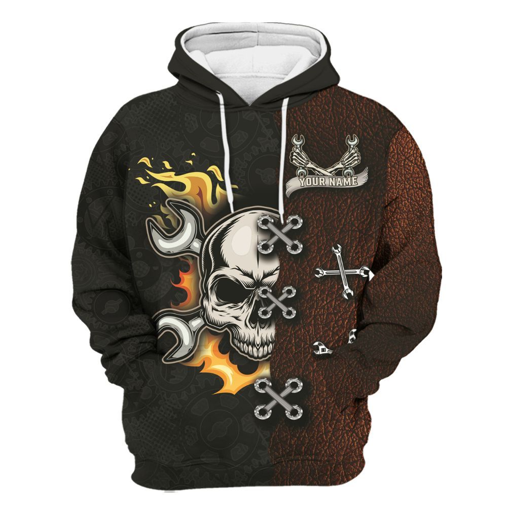 Amare Box Personalized Name All Over Printed Mechanic Skull Cross Laces Mechanic Shirt Gift Unisex Unisex Hoodie