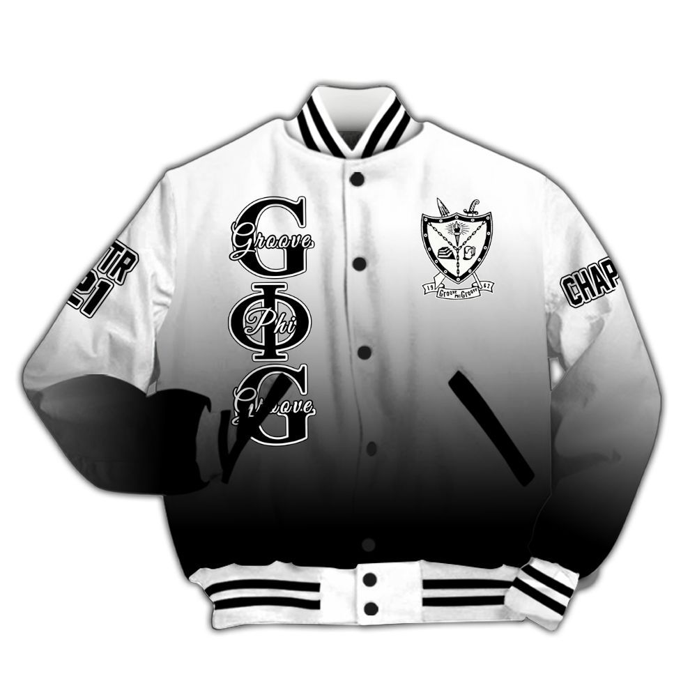 Ireishprint Groove Phi Groove Custom Chapter Varsity Jacket, Personalized Gradient Black Varsity Jacket Groove Phi Groove  Jacket