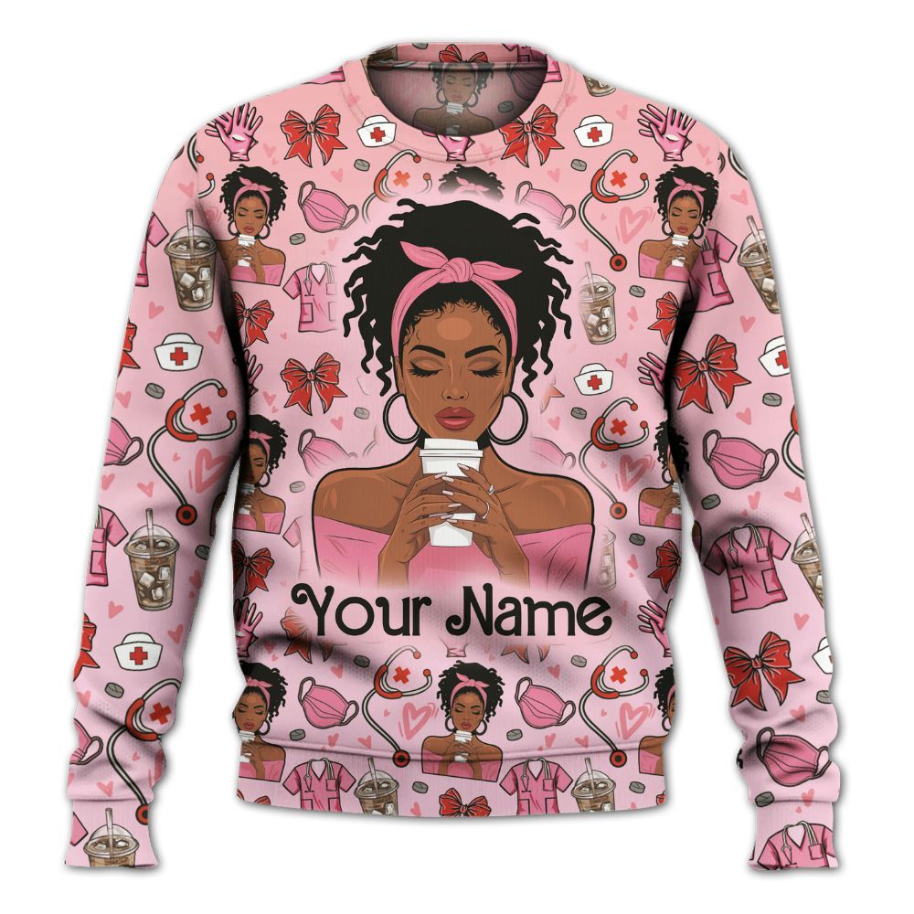 Amare Box Black Nurse Shirt, Coffee Scrubs Rubber Gloves Messy Bun, Custom Name Shirt, Black Nurse Clipart, Valentine Nurse, Gift For Black Nurse Knitted Sweater