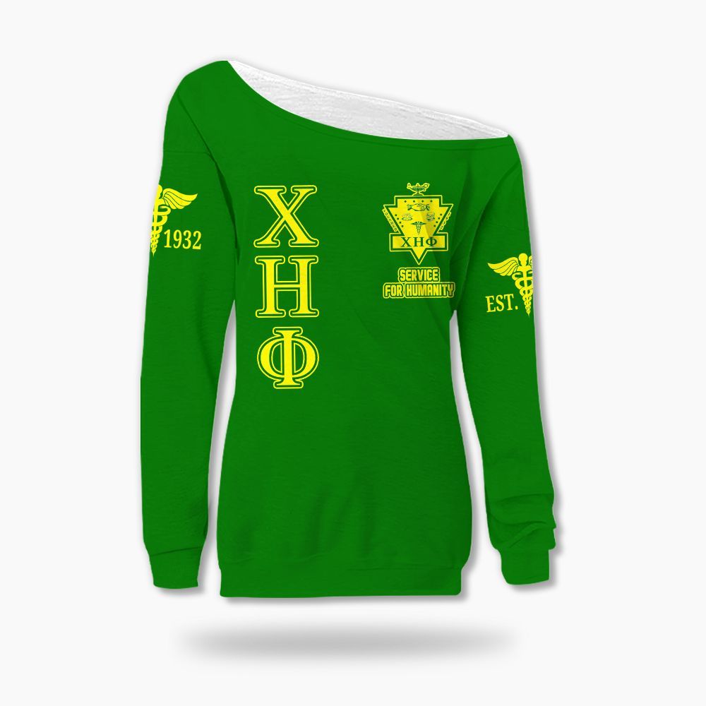 Ireishprint Chi Eta Phi Off Shoulder Sweatshirt, Caduceus Pea Green Off Shoulder Sweatshirt Chi Eta Phi Sorority Off Shoulder Sweatshirt