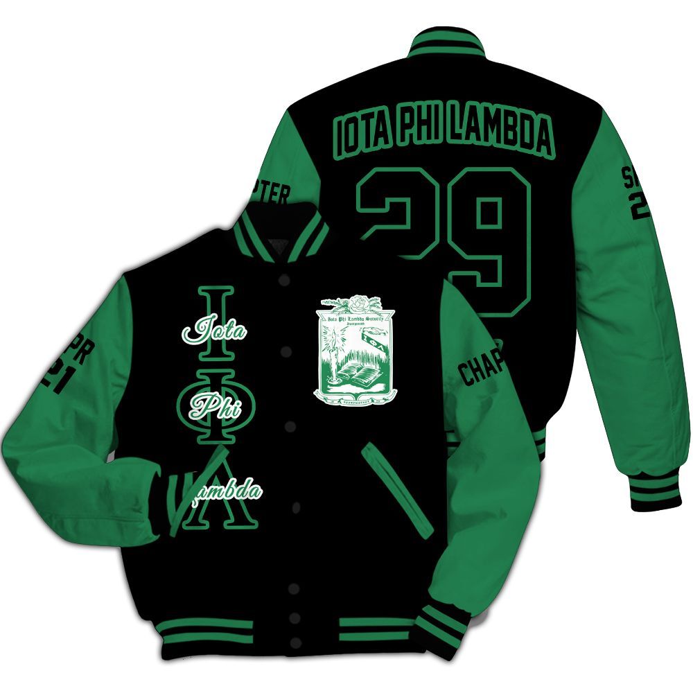 Ireishprint Iota Phi Lambda Custom Chapter Varsity Jacket, Personalized Black Mix Emerald Green Varsity Jacket Iota Phi Lambda Sorority Jacket