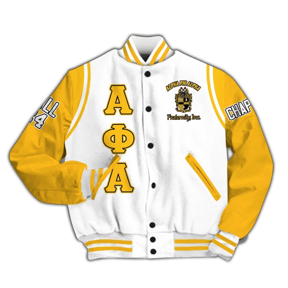 Ireishprint ΑΦΑ Custom Chapter Varsity Jacket, APHIII ΑΦΑ White Gold Fraternity Jacket