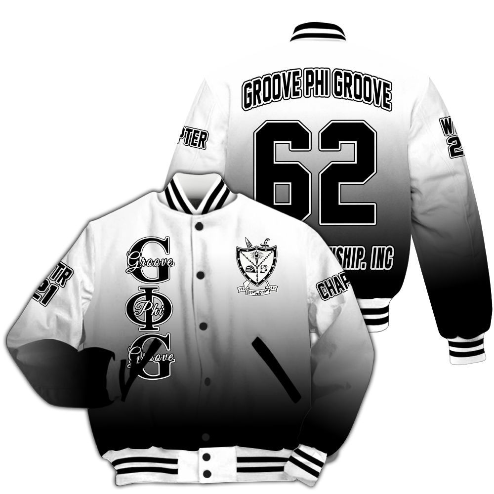 Ireishprint Groove Phi Groove Custom Chapter Varsity Jacket, Personalized Gradient Black Varsity Jacket Groove Phi Groove  Jacket