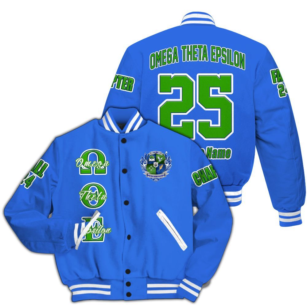 Ireishprint Omega Theta Epsilon Custom Chapter Varsity Jacket, Omega Theta Epsilon Fraternity Blue Custom Line Jacket Since 2024 Fraternity Jacket