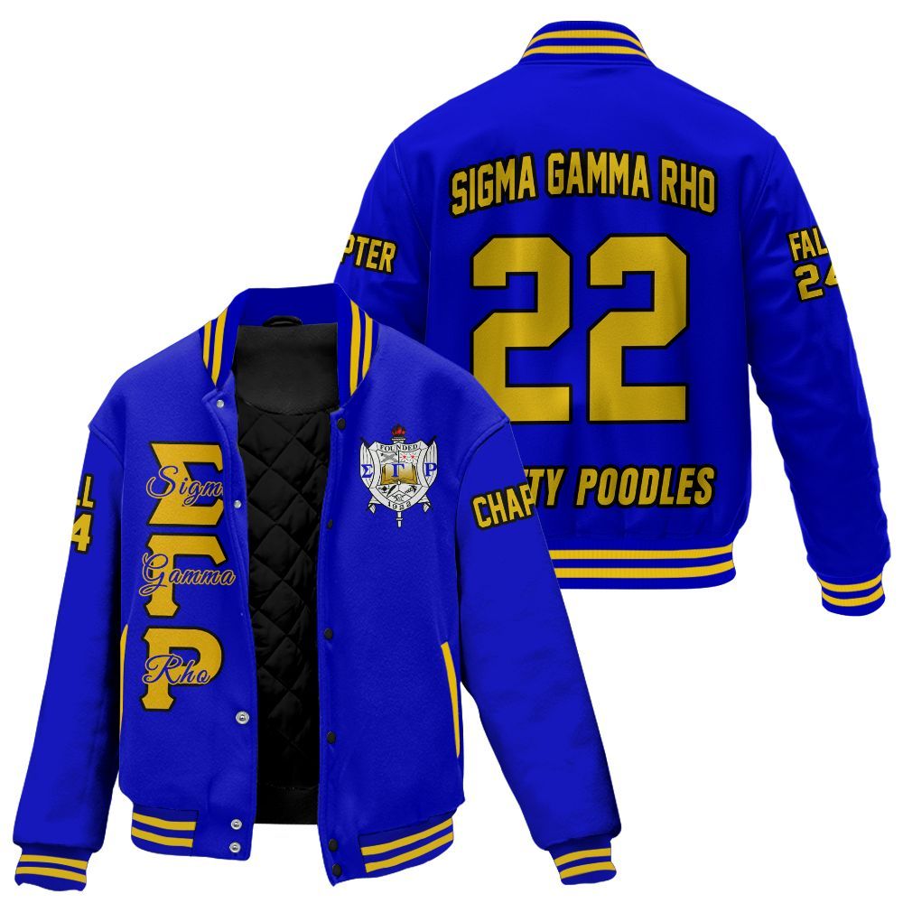 Ireishprint Sigma Gamma Rho Custom Chapter Stitched Jacket, Personalized Royal Blue Gold Sigma Gamma Rho Sorority Embroidered Jacket