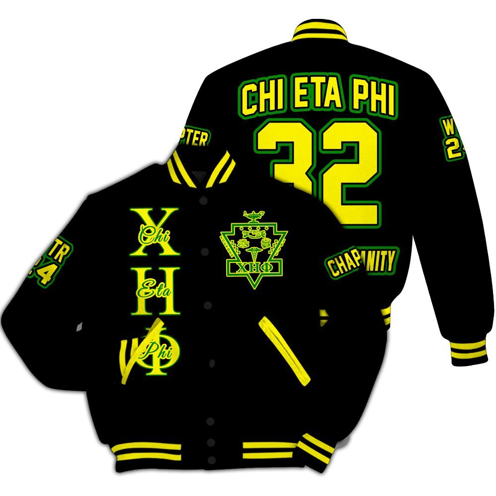 Ireishprint Chi Eta Phi Custom Chapter Varsity Jacket, Personalized Black Lemon Yellow Varsity Jacket Chi Eta Phi Sorority Jacket