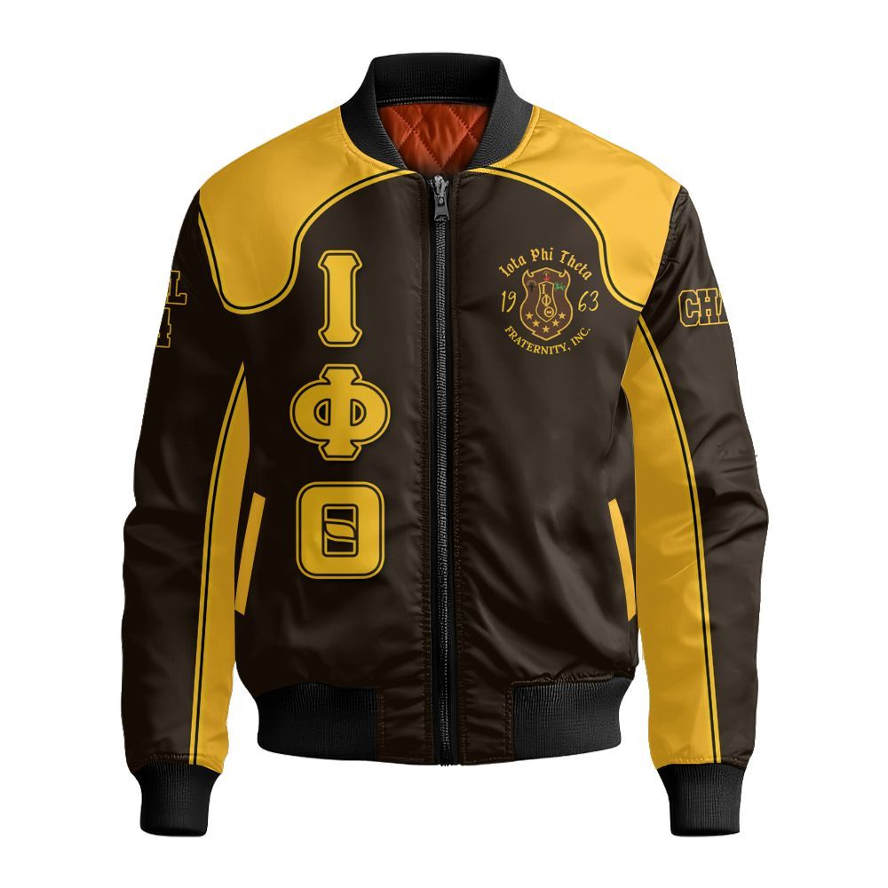 Ireishprint Iota Phi Theta Custom Chapter Bomber Jacket, Charcoal Brown ΙΦΘ Lettered Racing Style Fraternity Bomber Jacket