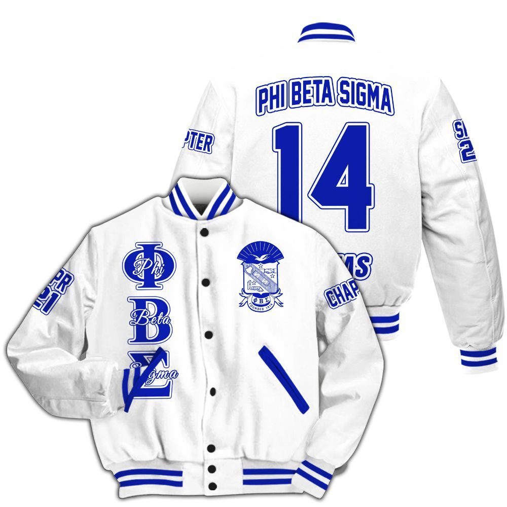 Ireishprint Phi Beta Sigma Custom Chapter Varsity Jacket, Personalized White Royal Blue Varsity Jacket Phi Beta Sigma Fraternity Jacket