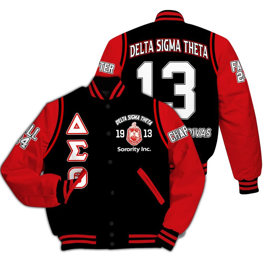Ireishprint Delta Sigma Theta Custom Chapter Varsity Jacket, Delta Sigma Theta Red Curved Shoulder Style White Sleeve 1913 Sorority Jacket