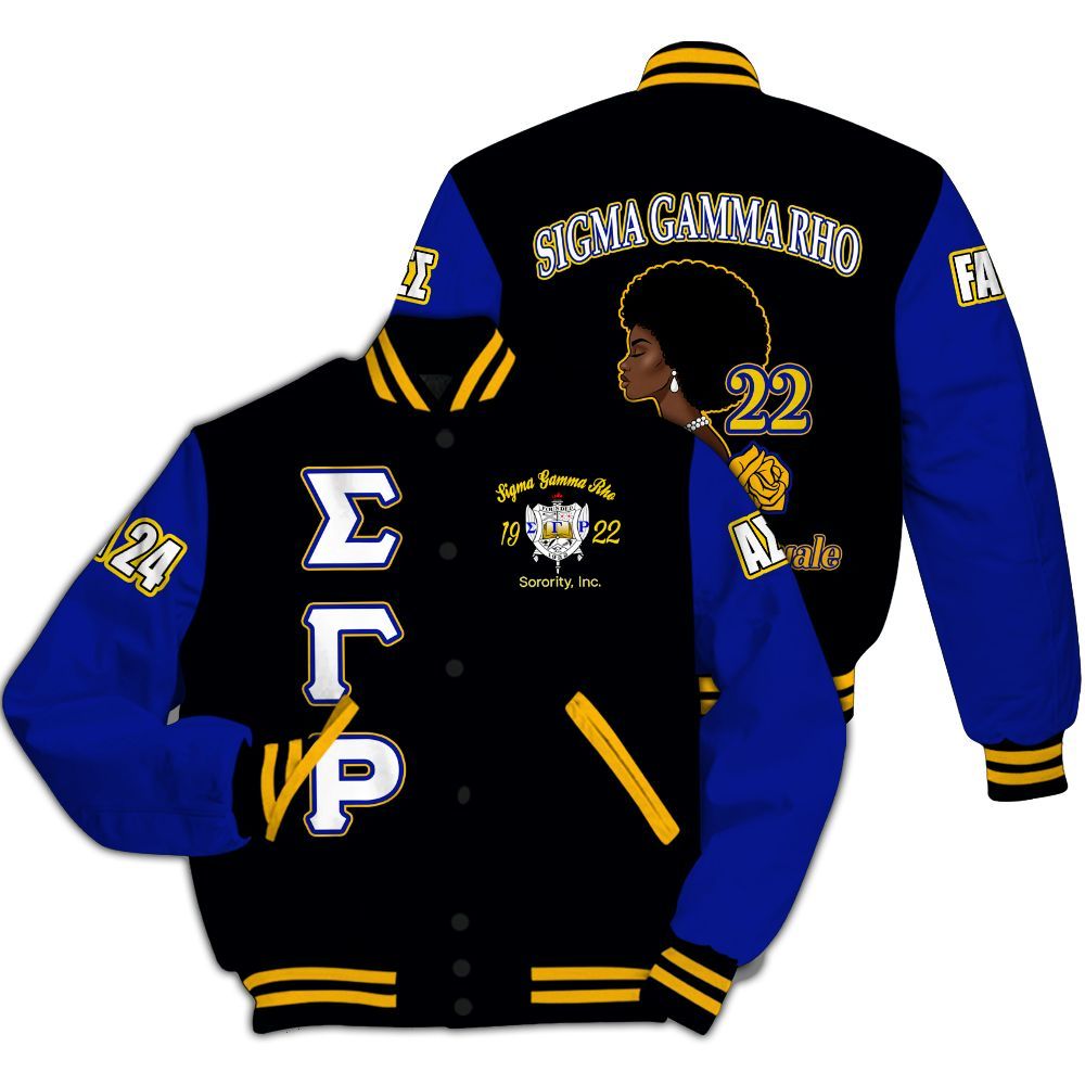 Ireishprint Sigma Gamma Rho Custom Chapter Varsity Jacket, RHoyal Pretty Black Mix Gold Style 1922 Sorority Jacket