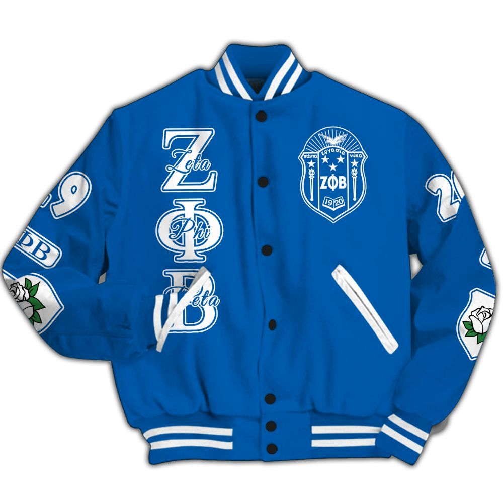 Ireishprint Zeta Phi Beta Varsity Jacket, Hand Sign White Rose Royal Blue Varsity Jacket Zeta Phi Beta Sorority Jacket