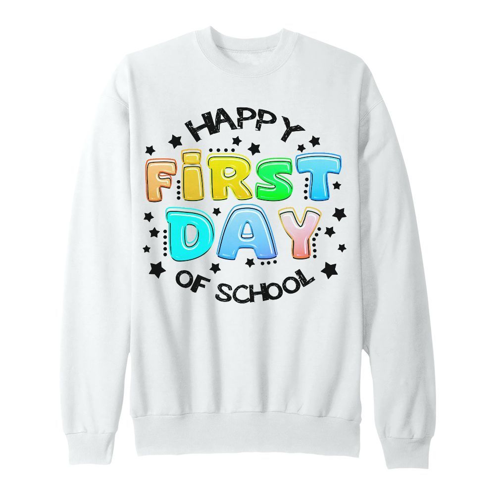 Amare Box Happy First Day Of School Retro Shirt, Teacher, Kindergarten Back To School Pencil Custom Name Kids Tee Unisex Sweatshirt