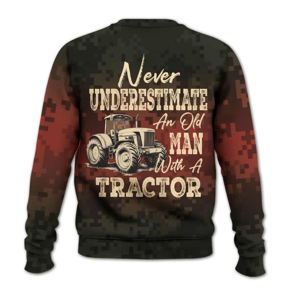 Amare Box Farm Tractor Shirt, Never Underestimate An Old Man, Custom Name, Camouflage Tractor Clipart, Vintage Tractor, Gift For Farm Lover Knitted Sweater