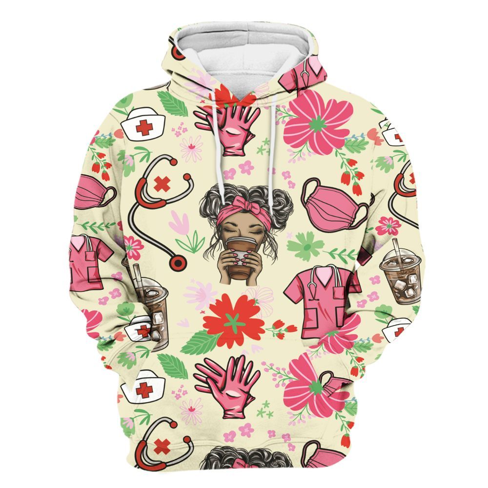 Amare Box Nurse Shirt, Coffee, Scrubs, Rubber Gloves, Messy Bun, Custom Name Shirt, Floral Nurse, Nurse Clipart, Gift For Nurse Unisex Hoodie