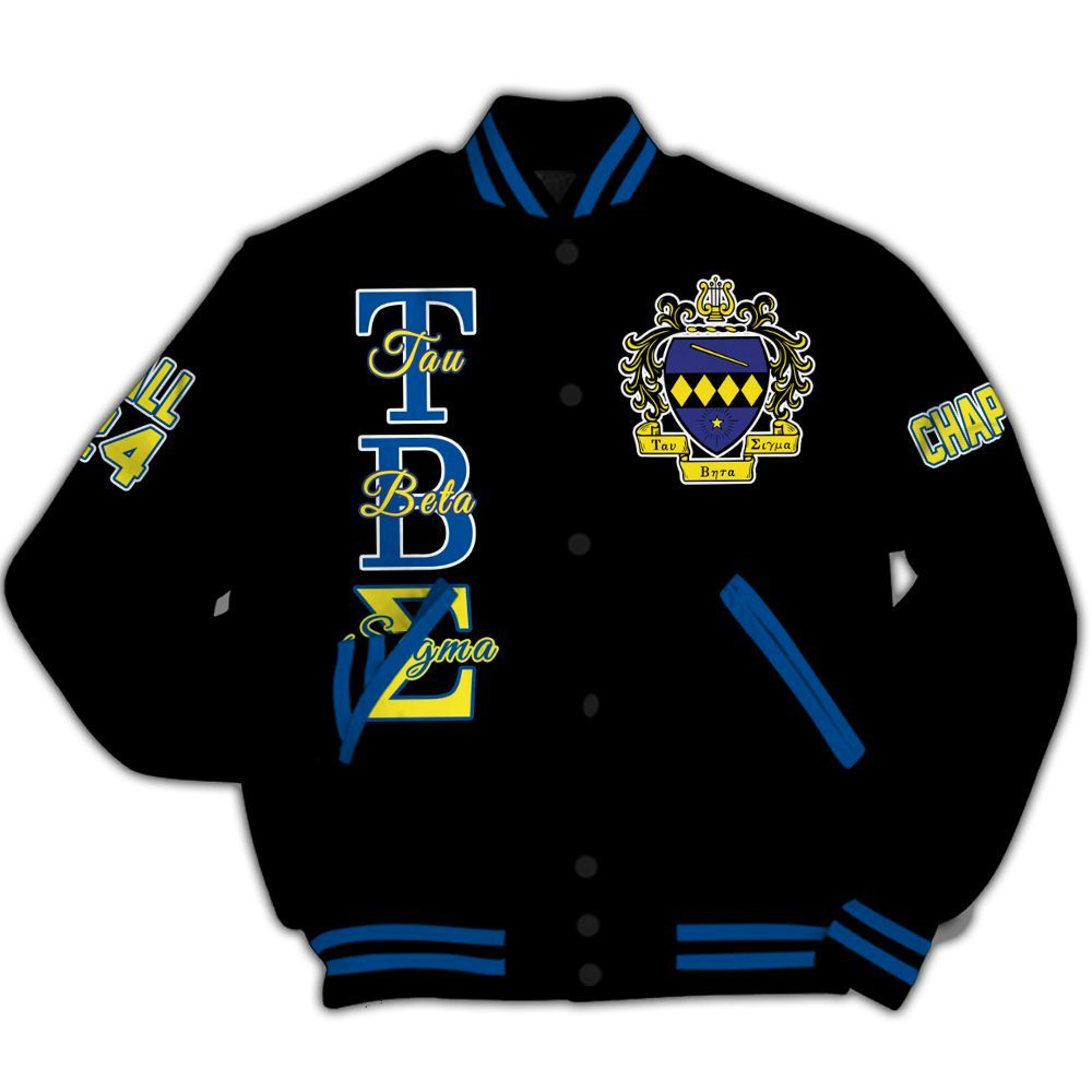 Ireishprint Tau Beta Sigma Custom Chapter Varsity Jacket, Personalized Black Yellow Varsity Jacket Tau Beta Sigma Sorority Jacket