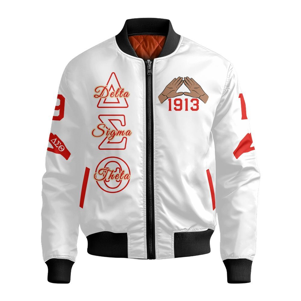 Ireishprint Delta Sigma Theta Bomber Jacket, Delta Girl Hand Sign White Bomber Jacket Delta Sigma Theta Sorority Bomber Jacket