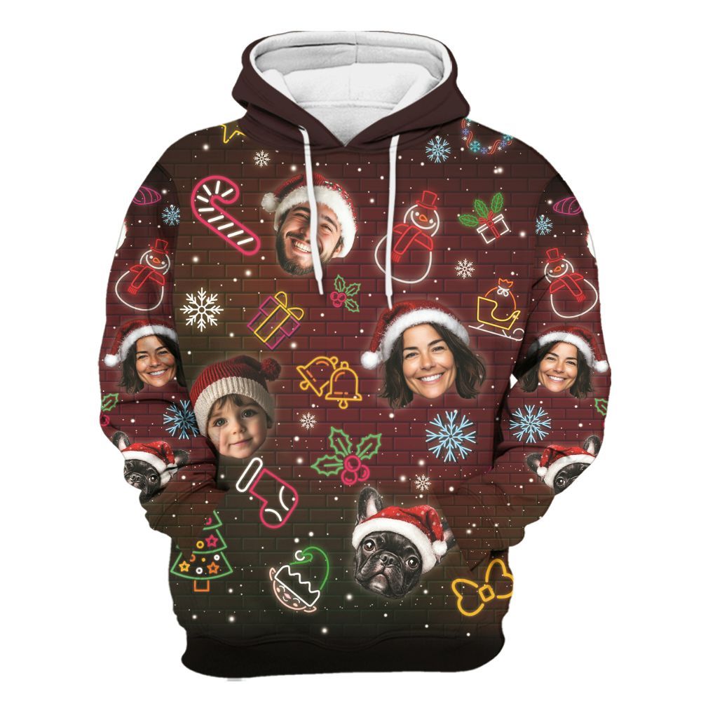 Amare Box Personalized Photo Neon Funny Faces, Custom Family Face Merry Xmas Gift For Family Xmas Party Unisex Hoodie