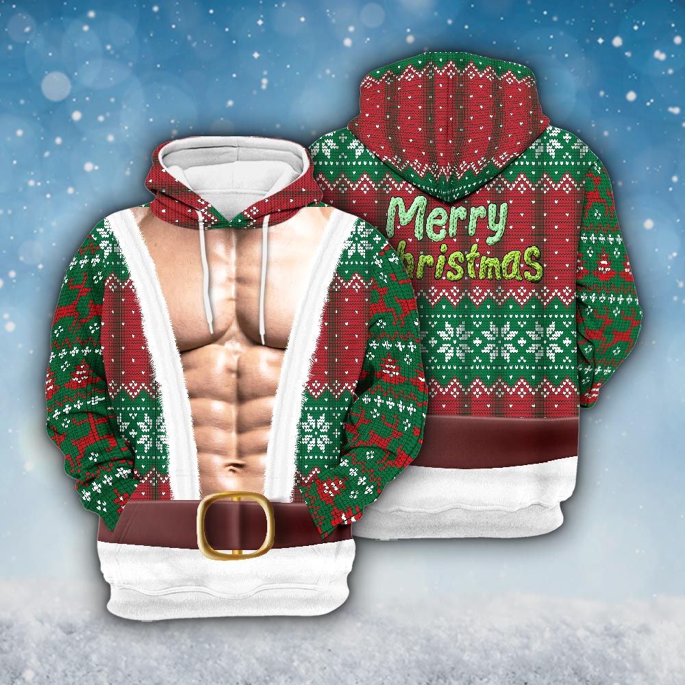 Amare Box Faux Real Six Pack Realistic Ugly Christmas Sweater, Santa Meme Funny Christmas Knit Xmas Design Gift