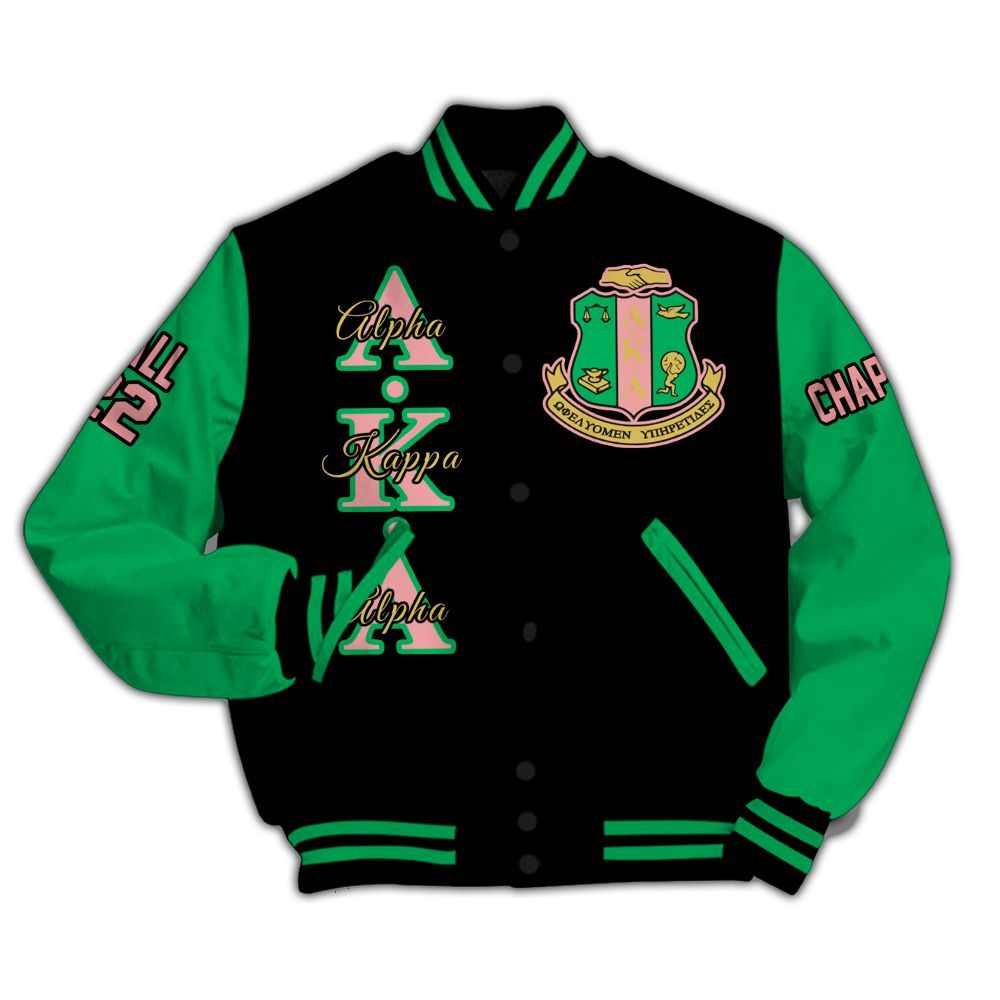 Ireishprint A.K.A Custom Chapter Varsity Jacket, Personalized Black Mix Apple Green Varsity Jacket 1908 Sorority Jacket