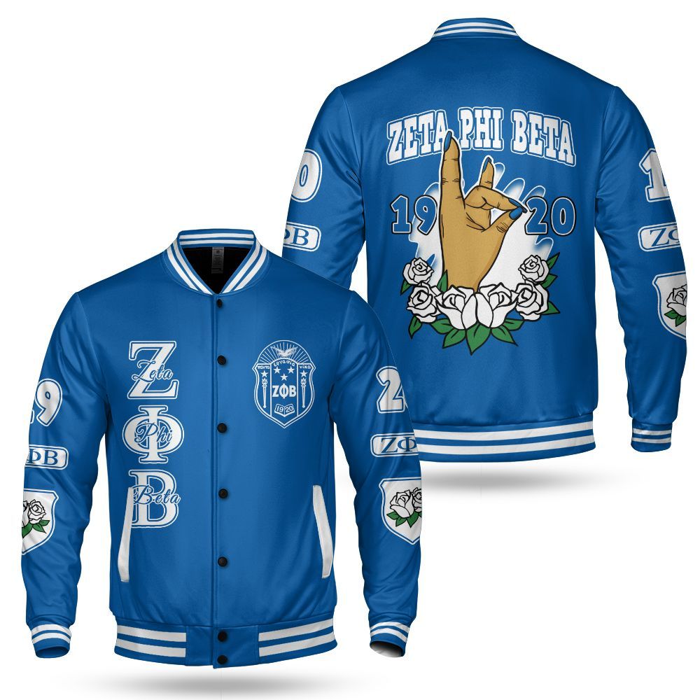 Ireishprint Zeta Phi Beta Varsity Jacket, Hand Sign White Rose Royal Blue Varsity Jacket Zeta Phi Beta Sorority Jacket