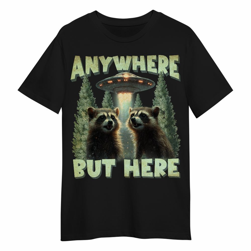 Amare Box Funny Raccoon UFO Shirt, Retro Anywhere But Here Graphic Gift For Fan Lover Unisex Shirt