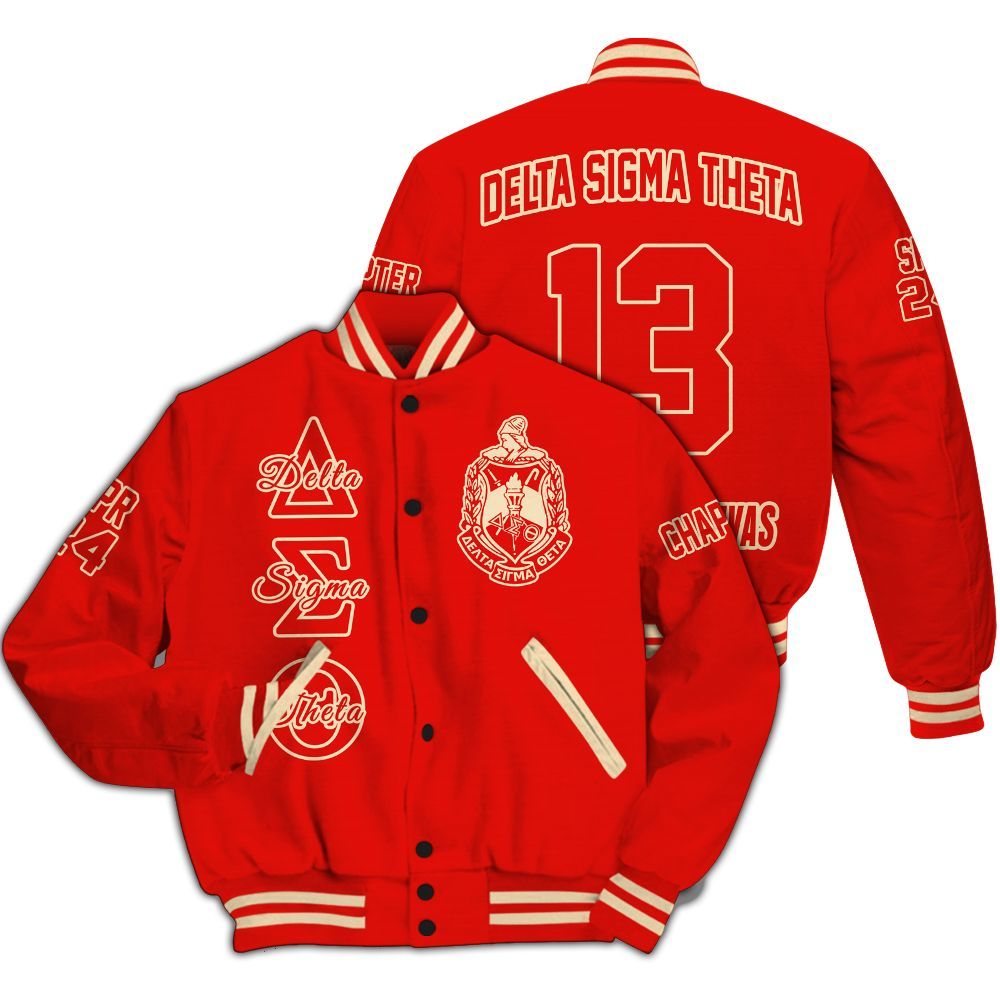 Ireishprint Delta Sigma Theta Custom Chapter Varsity Jacket, Personalized Crimson Varsity Jacket Delta Sigma Theta Sorority Jacket