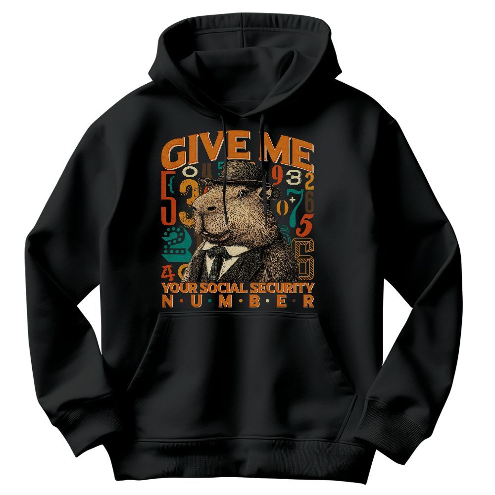 Amare Box Funny Capybara Retro Graphic Shirt, Give Me Your Social Security Number Meme Gift For Fan Unisex Hoodie
