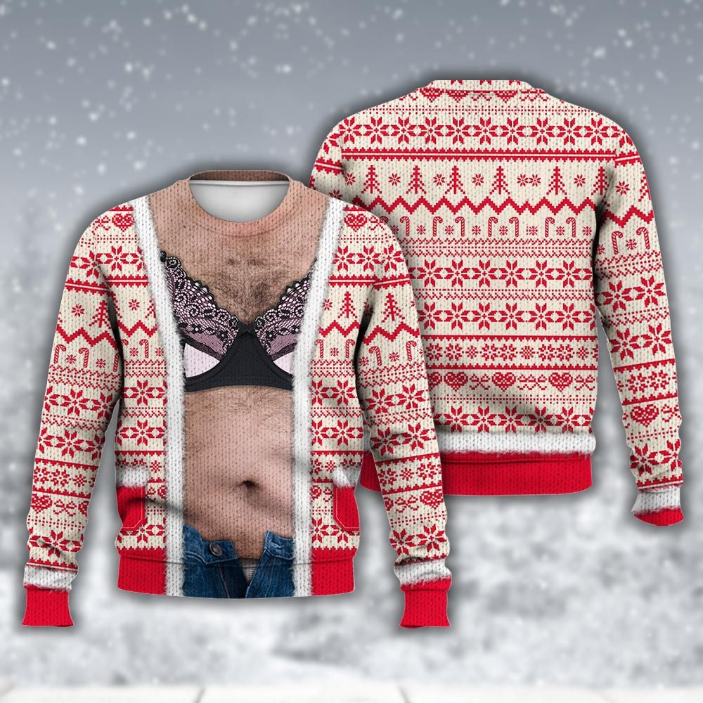 Amare Box Funny Red Bra Santa Christmas Ugly Sweater, Dad Santa Meme Xmas Gift Hairy Belly
