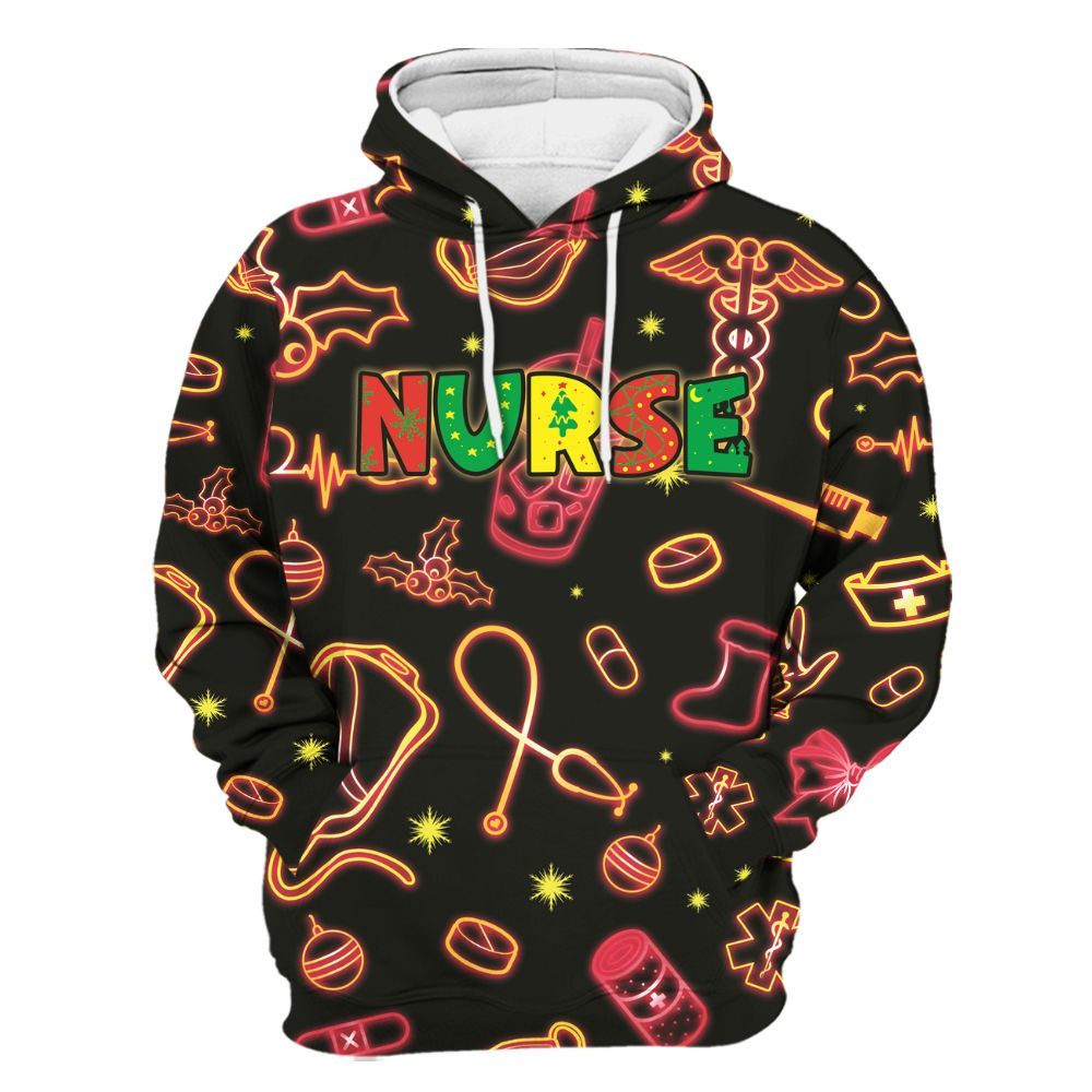 Amare Box Nurse Neon Light Christmas, Nurse Doodle, Nurse Stuff, Gift For Nurse Unisex Hoodie