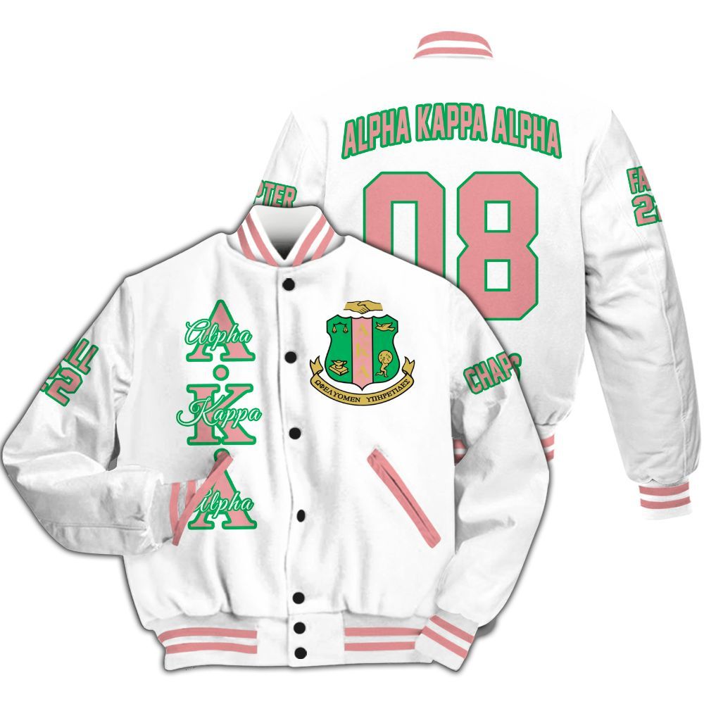 Ireishprint A.K.A Custom Chapter Varsity Jacket, Personalized White Salmon Pink Since 1908 Sorority Jacket