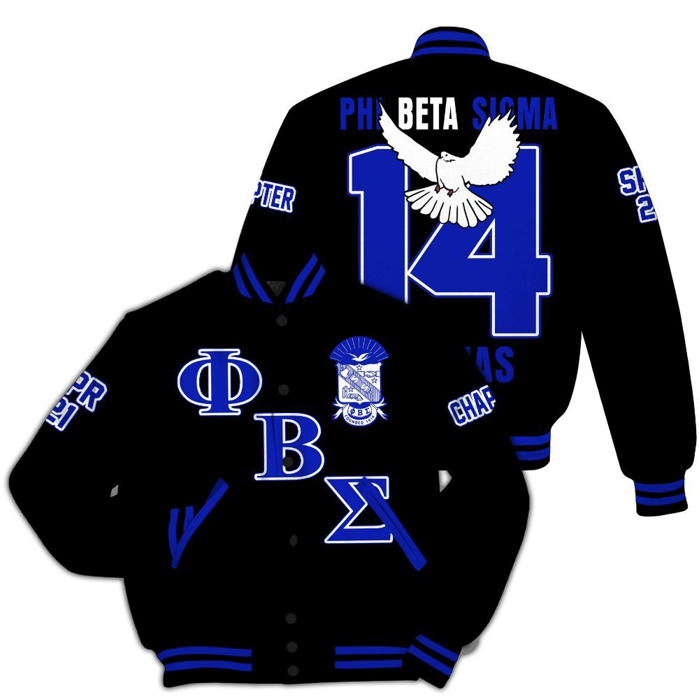 Ireishprint Phi Beta Sigma Custom Chapter Varsity Jacket, Personalized Dove Black Royal Blue Varsity Jacket Phi Beta Sigma Fraternity Jacket