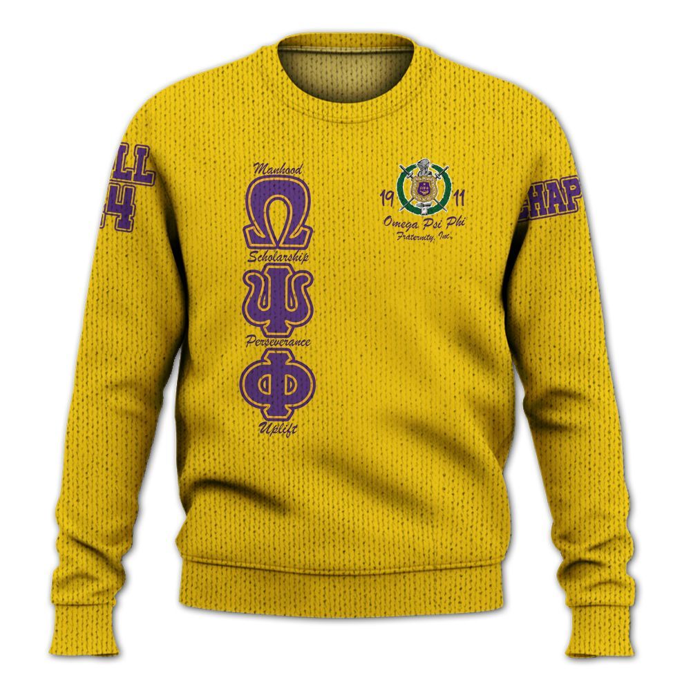 Ireishprint ΩΨΦ Custom Chapter Shirt, Personalized Yellow Shirt ΩΨΦ Fraternity Knitted Sweater