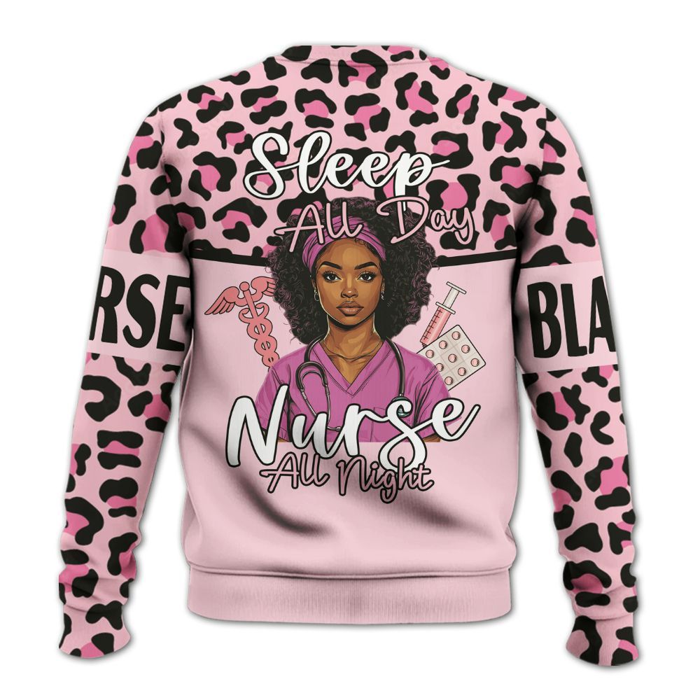 Amare Box Black Nurse Shirt, Sleep All Day Nurse All Night, Custom Name, Black Nurse Leopard Print, Nurse Clipart, Gift For Black Nurse Knitted Sweater