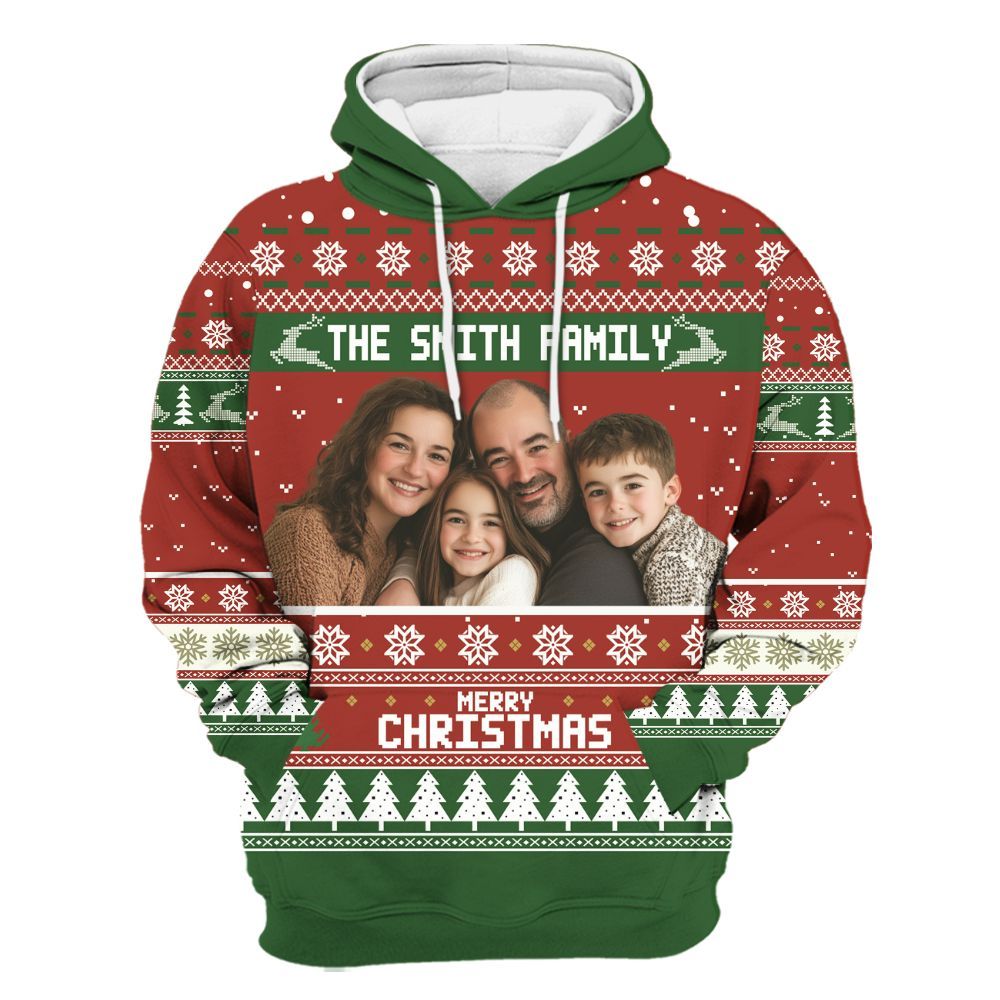 Amare Box Personalized Photo Family Ugly Sweater, Custom Merry Xmas Christmas Party Gift For Family Unisex Hoodie