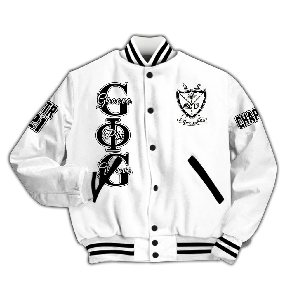 Ireishprint Groove Phi Groove Custom Chapter Varsity Jacket, Personalized White Varsity Jacket Groove Phi Groove  Jacket