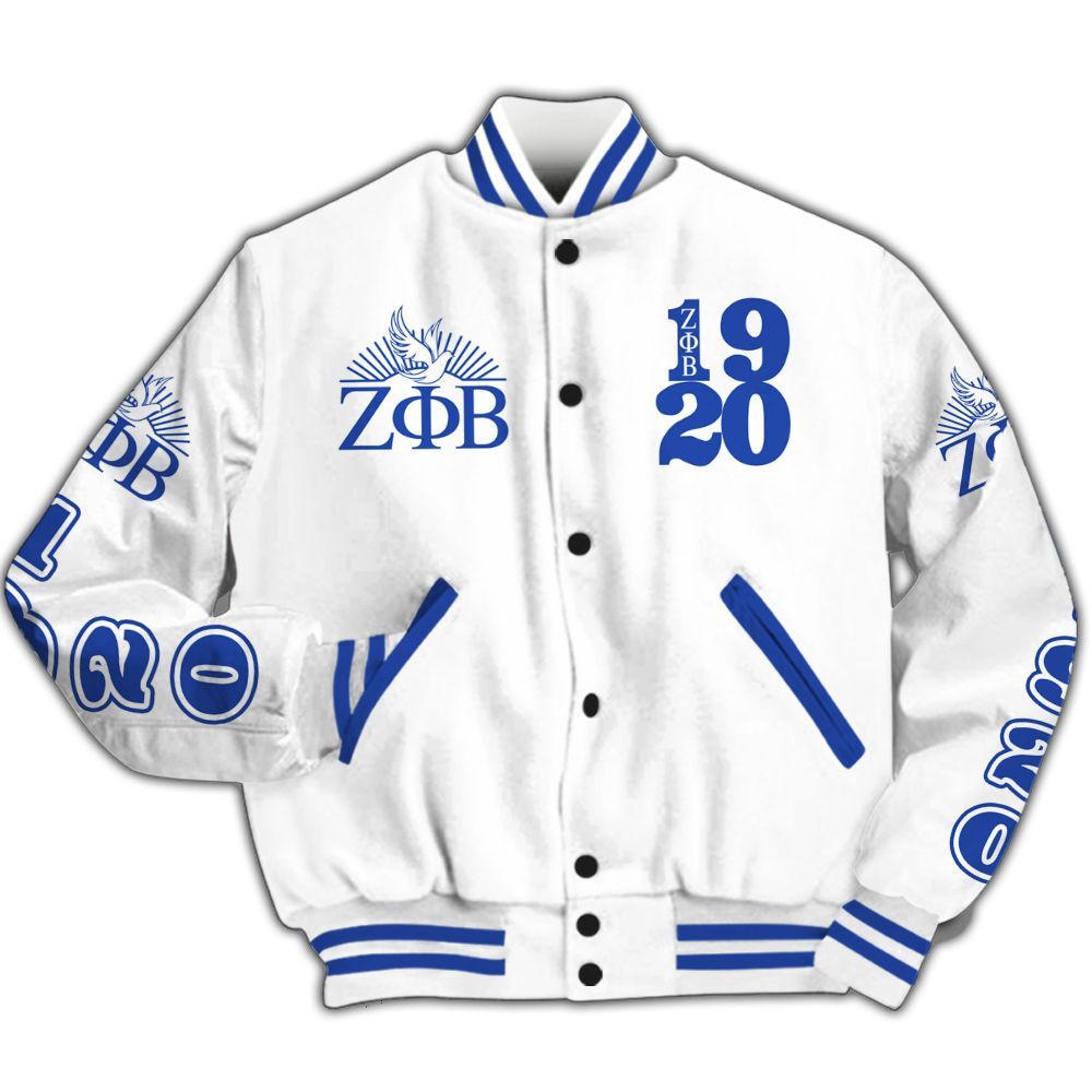 Ireishprint Zeta Phi Beta Varsity Jacket, Dove White Varsity Jacket Zeta Phi Beta Sorority Jacket