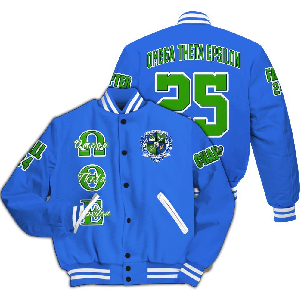 Ireishprint Omega Theta Epsilon Custom Chapter Varsity Jacket, Custom Line Omega Theta Epsilon Sorority Blue Jacket Since 2024 Sorority Jacket