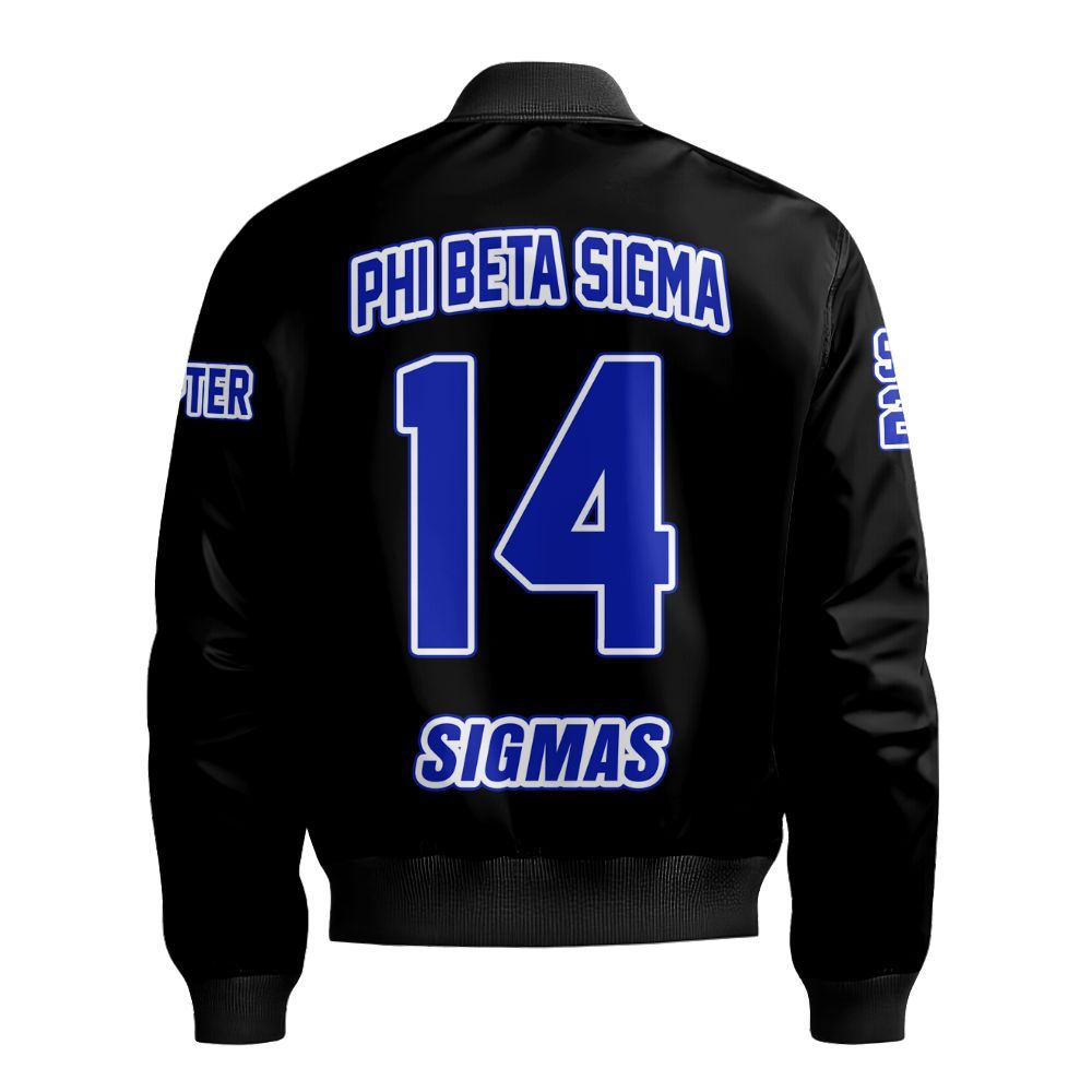 Ireishprint Phi Beta Sigma Custom Chapter Bomber Jacket, Personalized Black Royal Blue Bomber Jacket Phi Beta Sigma Fraternity Bomber Jacket