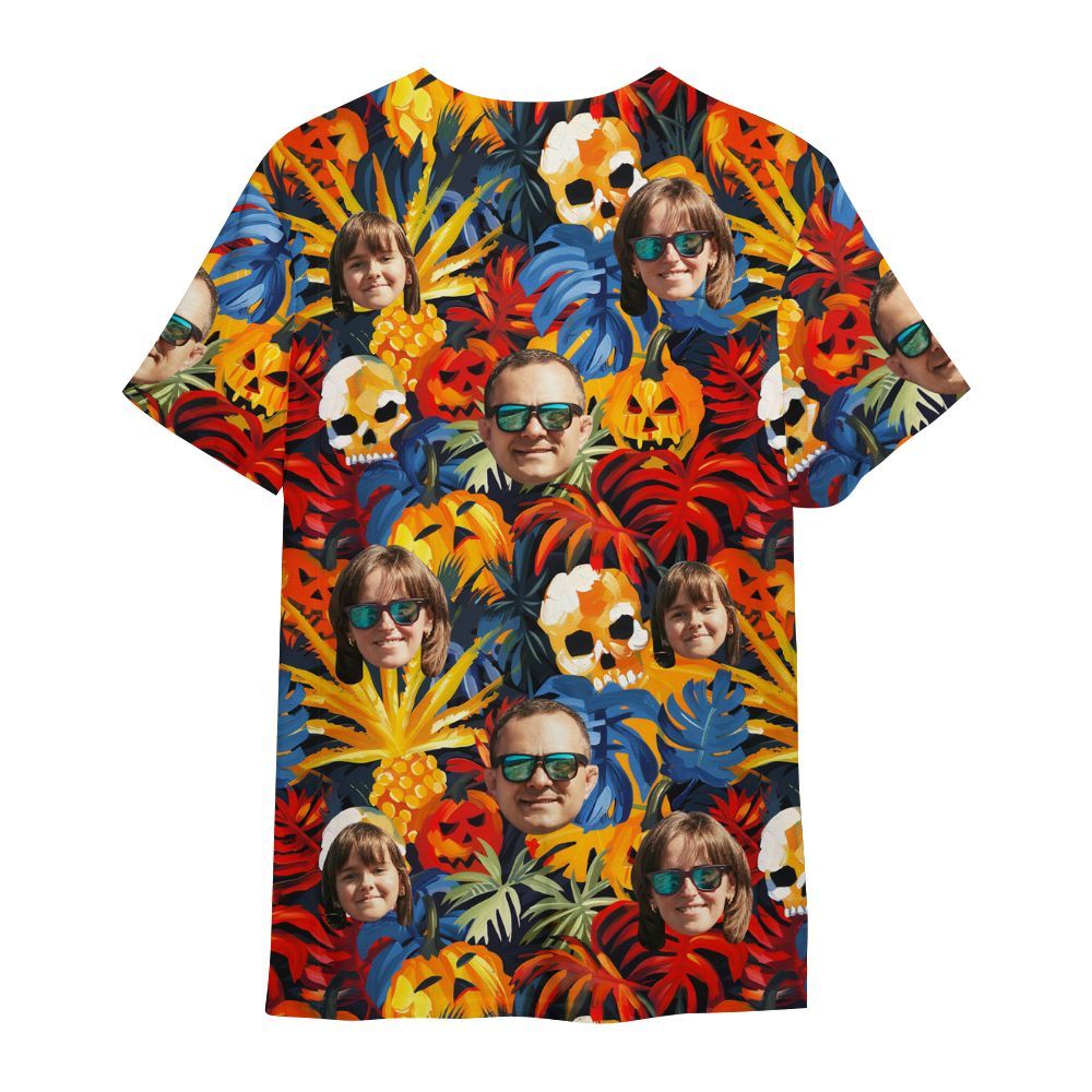 Amare Box Custom Face Halloween Hawaii Shirt, Magic Leaves Halloween Horror The Spooky Pumpkin Skull All Over Print Unisex Shirt