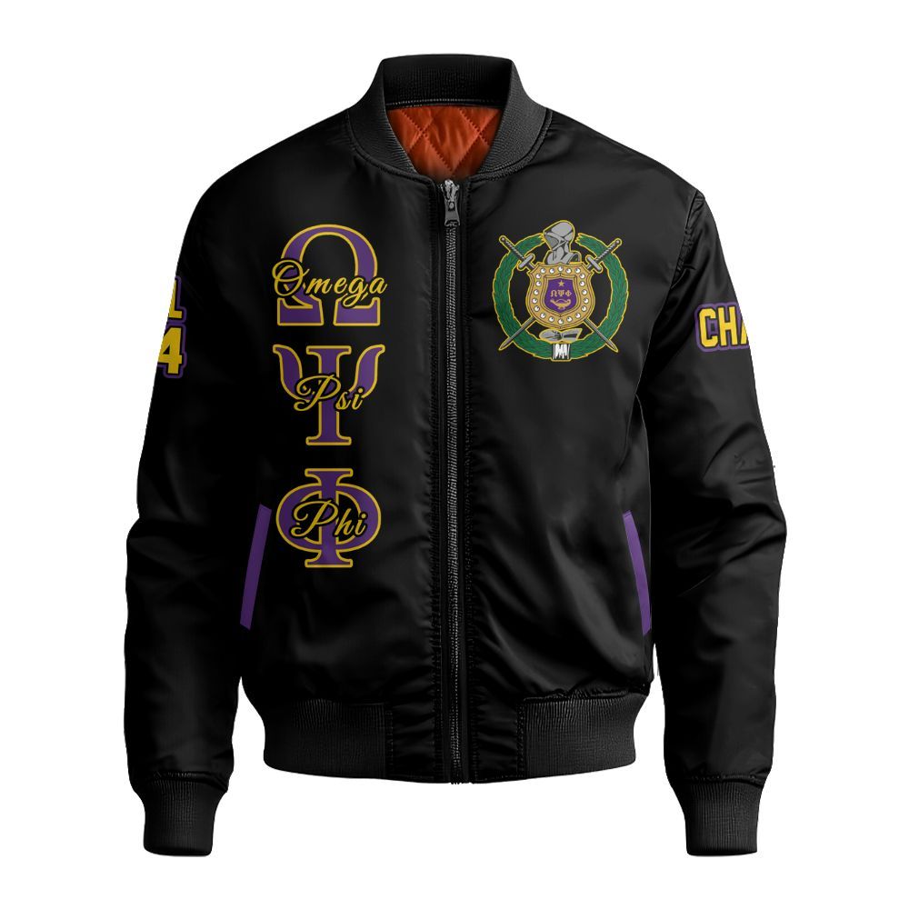 Ireishprint ΩΨΦ Custom Chapter Bomber Jacket, Personalized Black Bomber Jacket ΩΨΦ Fraternity Bomber Jacket