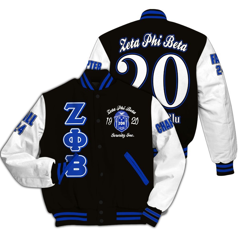 Ireishprint Zeta Phi Beta Custom Chapter Varsity Jacket, Personalized Your Z Phi B Black Blue Sleeve 1920 Zeta Phi Beta Sorority Jacket