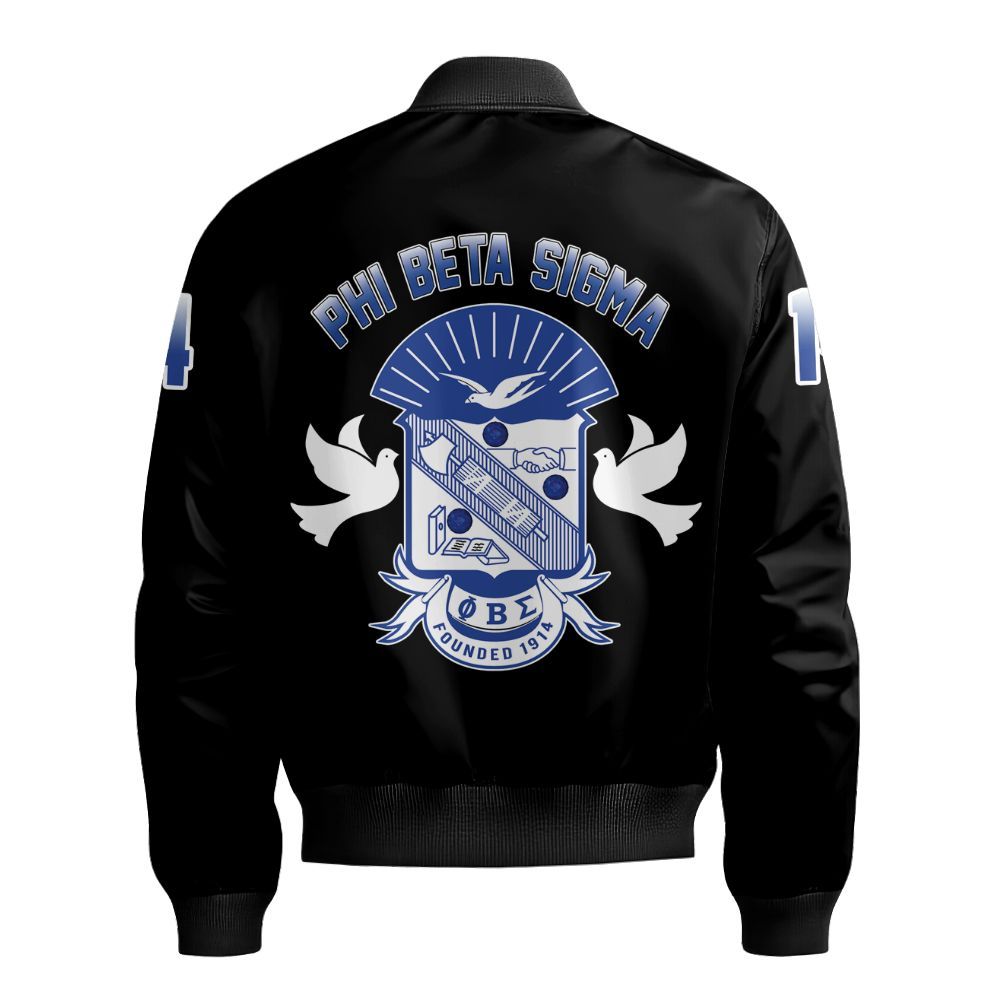 Ireishprint Phi Beta Sigma Bomber Jacket, Dove ΦΒΣ Black Duo Royal Blue Style 1914 Fraternity Bomber Jacket