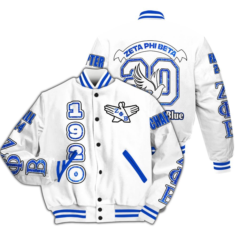 Ireishprint Zeta Phi Beta Custom Chapter Varsity Jacket, Personalized Your Z Phi B Dove White Gilter Style 1920 Zeta Phi Beta Sorority Jacket
