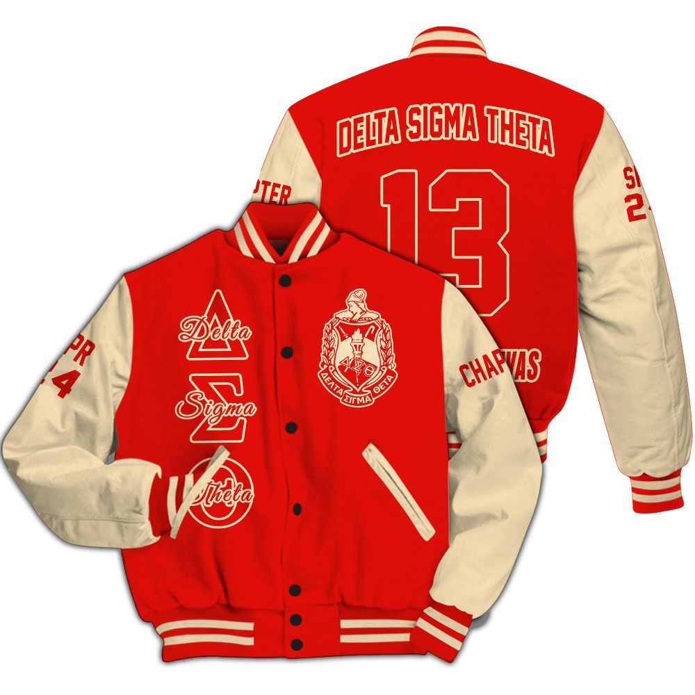 Ireishprint Delta Sigma Theta Custom Chapter Varsity Jacket, Personalized Crimson Mix Cream Varsity Jacket Delta Sigma Theta Sorority Jacket