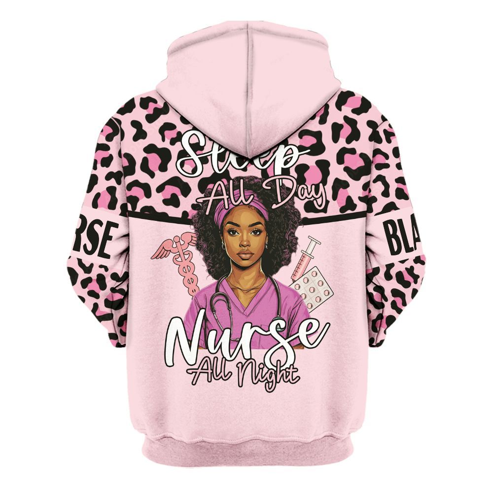 Amare Box Black Nurse Shirt, Sleep All Day Nurse All Night, Custom Name, Black Nurse Leopard Print, Nurse Clipart, Gift For Black Nurse Unisex Hoodie