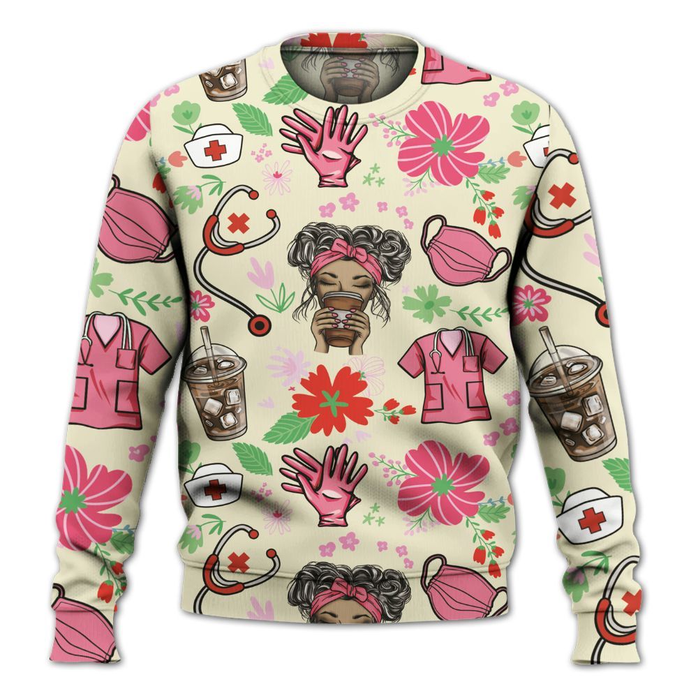 Amare Box Nurse Shirt, Coffee, Scrubs, Rubber Gloves, Messy Bun, Custom Name Shirt, Floral Nurse, Nurse Clipart, Gift For Nurse Knitted Sweater