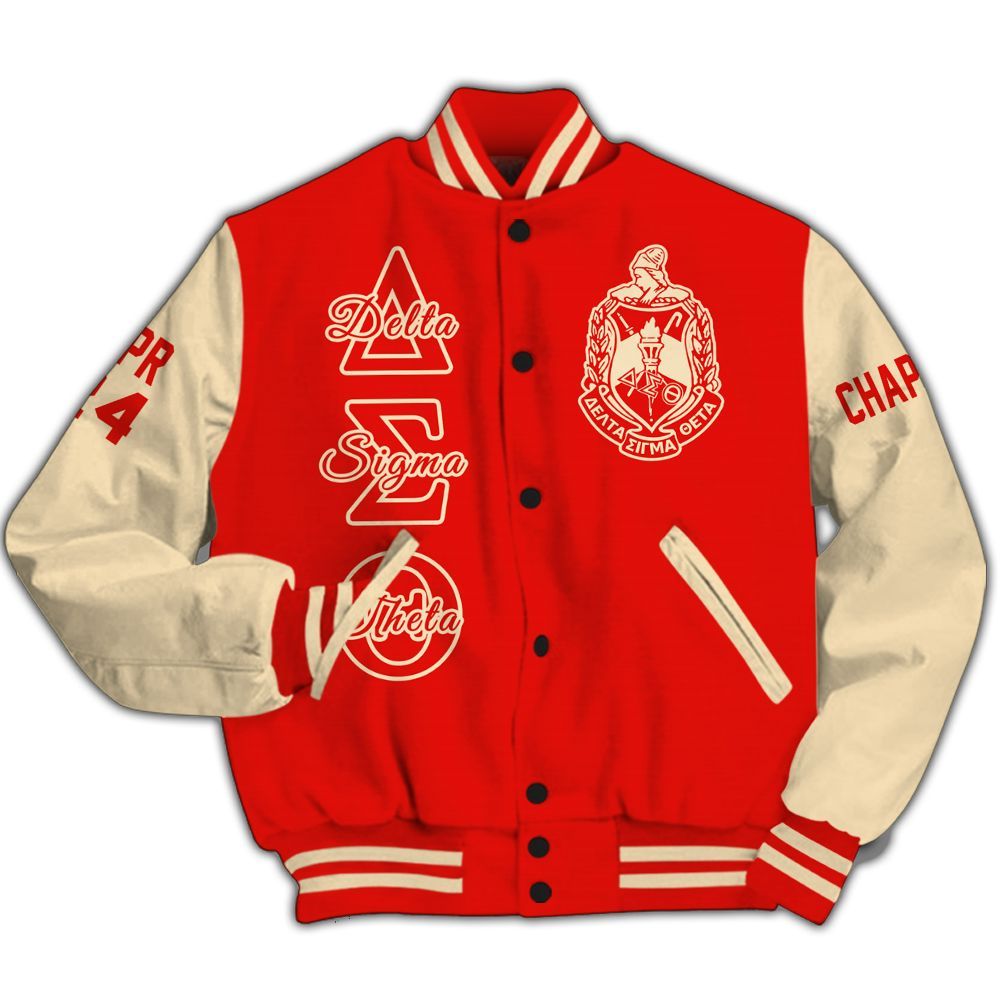 Ireishprint Delta Sigma Theta Custom Chapter Varsity Jacket, Personalized Crimson Mix Cream Varsity Jacket Delta Sigma Theta Sorority Jacket