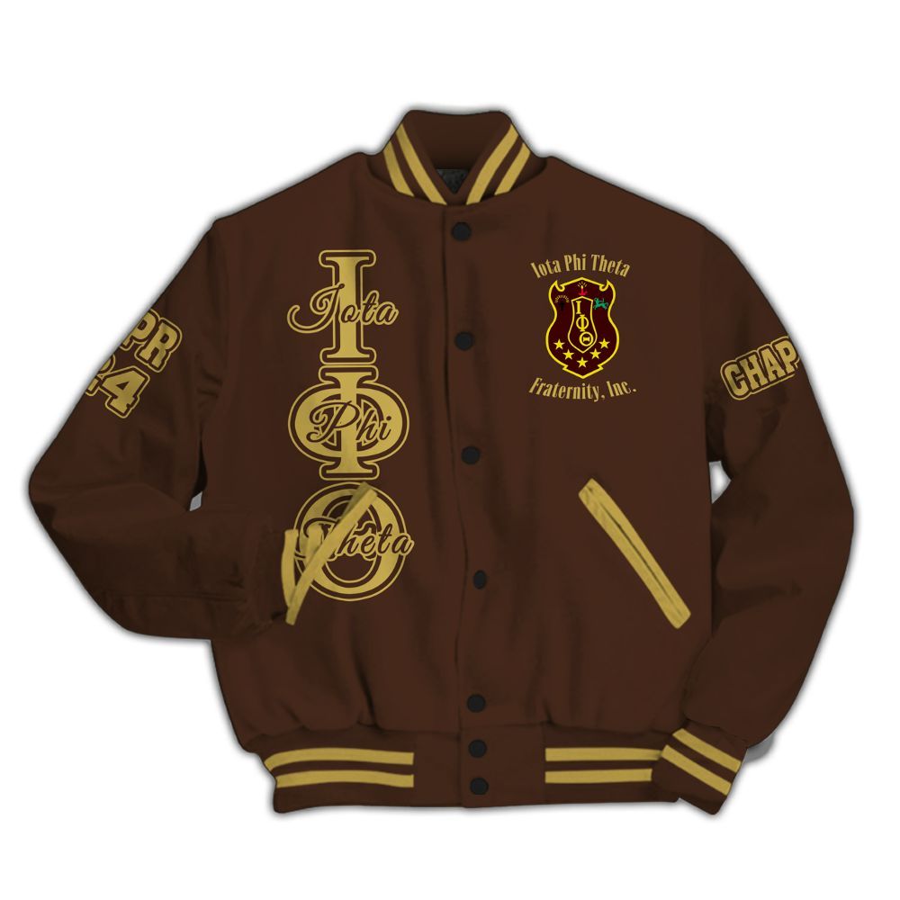 Ireishprint Iota Phi Theta Custom Chapter Varsity Jacket, Personalized Centaur Charcoal Brown Varsity Jacket Iota Phi Theta Fraternity Jacket